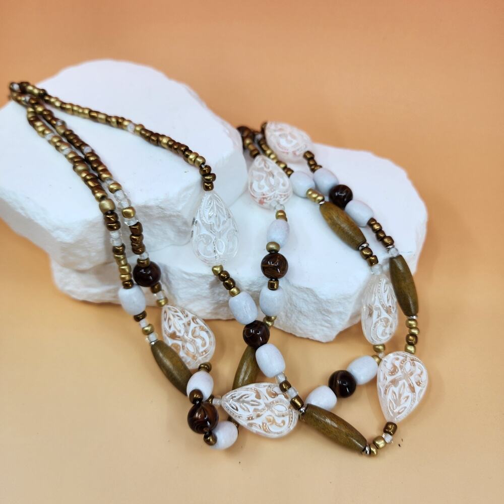 Multi Strand Beaded Necklace Clear Carved Drops Brown White Bronze Tone Vintage
